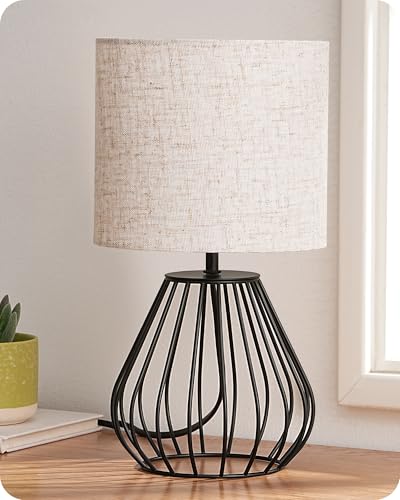 EDISHINE Bedside Lamp, Table Lamp with Metal Cage Base & Linen Lampshade, Modern Lamps for Living Room Bedroom, E14 Socket (Bulb Included), Teardrop Cage, Black