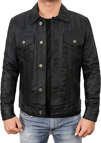fine hide Classic Black Leather Trucker Jacket, Button Front, Multiple Pockets, Denim Style-picture-39
