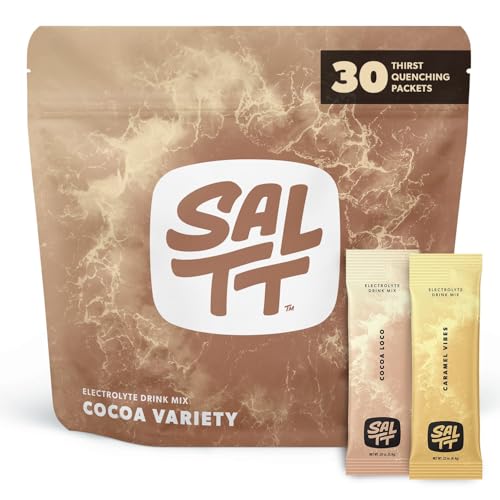 SALTT Electrolytes Powder Packets (Cocoa Variety Pack - Chocolate & Caramel) 30 Sticks - Easy Dissolve No Clumping - Essential Minerals - Hydration Packets - Zero Sugar - Gluten Free Vegan & Kosher
