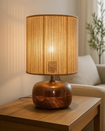 Homesake® Natural Weave Rope Table Lamp | Handcrafted Boho Bedside Light with Wooden Base | Warm Ambient for Night Lamp, Bedroom, Living Room, Study, Kids Room, Livra Home Decor, Ovolo (Beige, STR)
