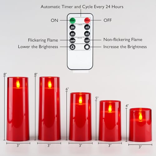 Image of Homemory Christmas Red Flickering Flameless Candles, Battery Operated Acrylic LED Pillar Candles with Remote Control and Timer, Set of 5