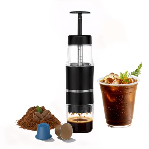 PIQUEBAR Portable Coffee Maker for Ground Coffee & Capsules, Small Espresso Machine Manual French...
