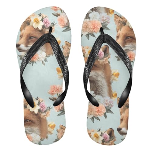 ALAZA Fox Flower Pattern Flip Flops for Women Fashion Beach Slippers Comfort Mens Flip Flops Non-Slip Rubber Shower Slippers Sandal for Hotel Travel Sport,XS