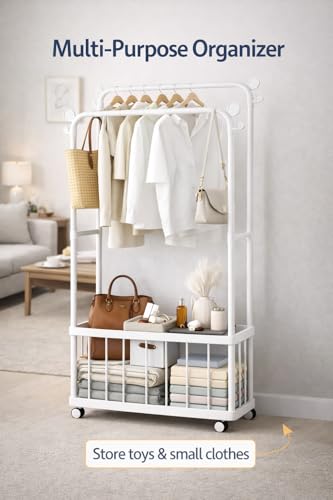 Image of Raawan Heavy Duty Double Rod Clothes Rack with Side Storage Shelves | Metal Garment Stand Organizer | Space Saving Cloth Hanger Stand for Bedroom, Living Room & PG (2 LAYER + BOX WHITE)