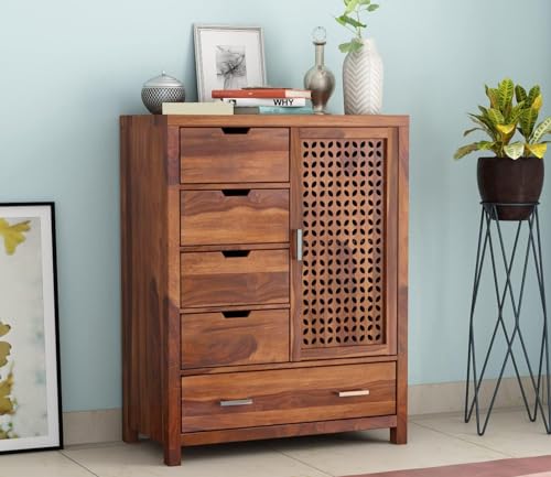 Image of Solid Sheesham Wood 5 Drawer Chest of Drawers with 2 Shelf Storage and Spacious Dresser for Hall Home Office Furniture, Kitchen Cabinet (Honey Finish)