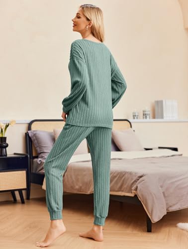 Ekouaer Womens Pajamas Set Ribbed Knit Long Sleeve Pullover Top Jogger Pants Set 2 Piece Lounge Set Sleepwear Tracksuit S-XXL2