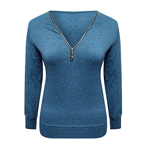 Women Solid Color Fashion V Neck Zipper Solid Color Long Sleeve T Shirt Womens Solid Color Top Blue #TOP1