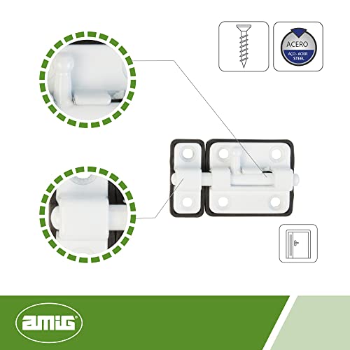Miniatura 2 de Amig - Pasador De Sobreponer Para Puertas Mod.383 - 54 X 36 Mm - Pestillo De Seguridad Con Base De Plástico - Para Cierre Horizontal - De Acero Acabado En Blanco - Incluye Tirafondos