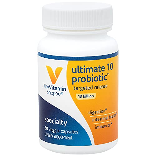 Ultimate 10 Probiotic, 13 Billion, Shelf Stable Probiotic, No Refrigeration, Targeted Release – to Support Digestive Health, Intestinal Health and Immunity (30 Vegetable Capsules)