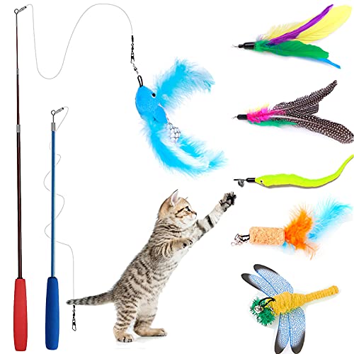 8 Pcs Cat Feather Toy, Cat Toy Wand, Teaser Wand Toy Set, Wineecy Cat Toys Interactive Retractable Wand Rod with Assorted Feather Toy for Exercising Kitten or Cat