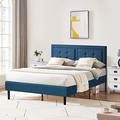 Vecelo Queen Size Upholstered Bed Frame With Height Adjustable Fabric Headboard, Heavy-Duty Platform Bedframe/Mattress Foundation/Strong Wood Slat Support/No Box Spring Needed, Blue #TOP2