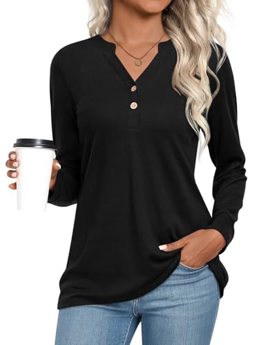 CATHY Womens Long Sleeve Shirts Dressy Casual Henley Tops Fall Fashion 2025 V Neck Button Up Blouses
