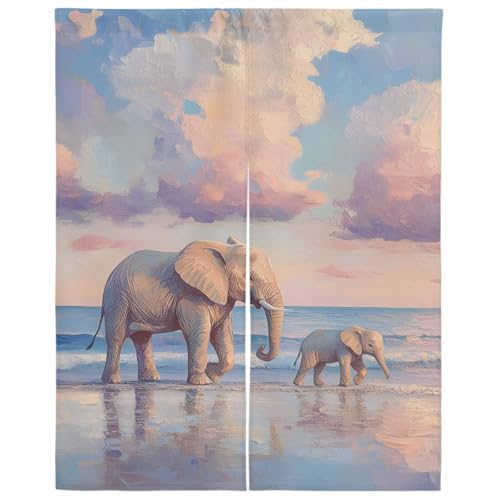 Vamjump 目隠し ロング のれん 遮光 暖簾 間仕切り 幅75x丈200cm 砂浜の象 油絵 テクスチャー 半間のれん 和み リビング 和風 カーテン 厚手 防寒 防音 断熱 プライバシー保護 玄関 キッチ リビング 飲食店 出入り口 室内インテリア