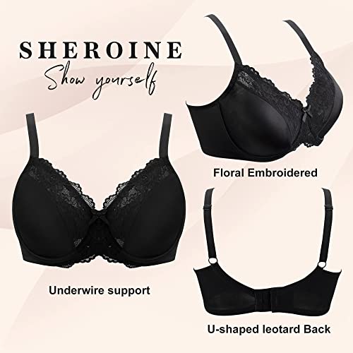 Sheroine Underwire Lace Floral Women's Unlined Bra Minimizer Full Coverage Non Padded Everyday Bras(Black,40B) #TOP3