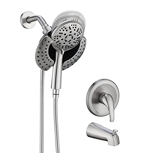 Proox Tub Shower Faucet Set With Valve, 2-In-1 Detachable 9 Setting Dual Shower Head With Handheld Bathtub Combo, Single Handle Valve& Trim Kit, 71" Stainless Steel Hose, Brushed Nickel #TOP7