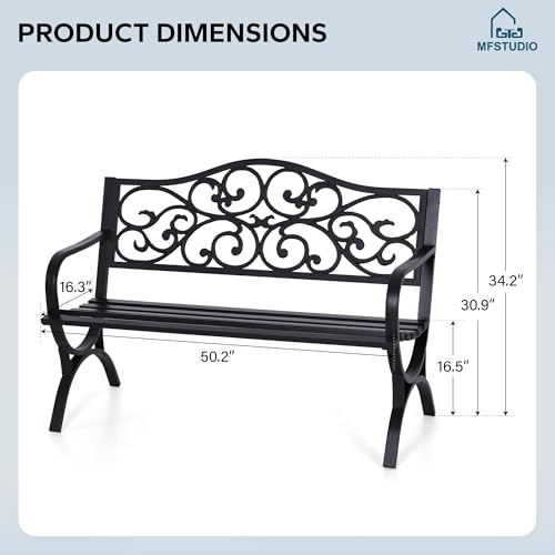 MFSTUDIO 50 Inches Outdoor Garden Bench, Cast Iron Metal Frame Patio Park Bench with Floral Pattern Backrest, Arch Legs for Porch Lawn Garden Yard(Black)
