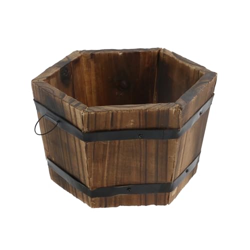 MY MIRONEY Plant Pots, Vintage Wooden Barrel Planter - Solid Rustic Garden Flower Pot with Metal Handles & Frame for Indoor Planter, Office Home Decor, Garden Home Plants, 6.5
