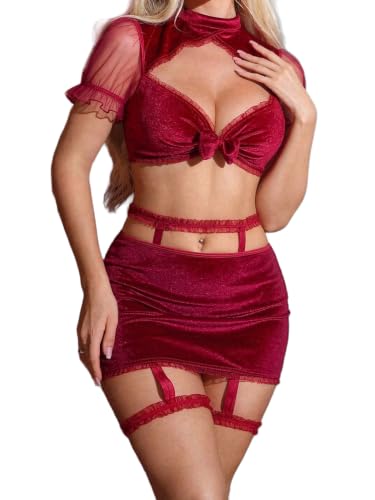 Image of Alrovetoney Sexy Lingerie Fantasy Costume Sexy Series Printed Cut-Out Slit Women's Costume Red S-XXL