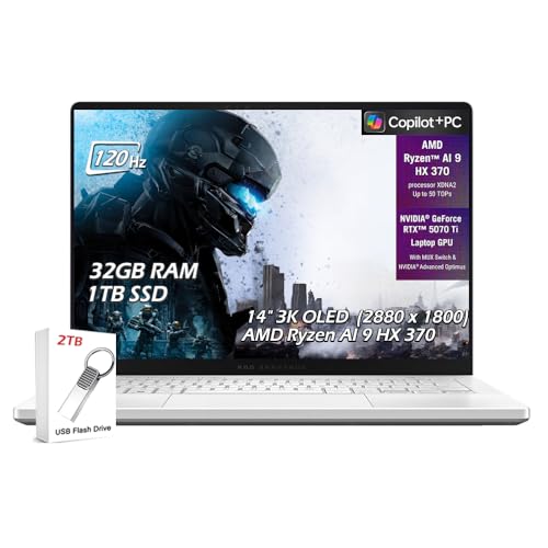 Image of ASUS ROG Zephyrus G14 Copilot+ PC Gaming Laptop, 14" OLED 3K 120Hz, AMD Ryzen AI 9 HX 370, NVIDIA GeForce RTX 5070Ti, WiFi7, Win11, Platinum White, (32GB RAM |1TB SSD), w/2TB USB Drive, W/GaLiMu