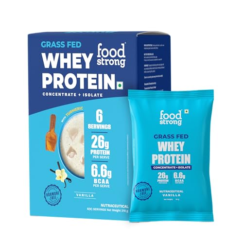 Image of Foodstrong Whey Protein Powder (Concentrate + Isolate), 100% Hormone Free Grass-Fed Whey, 26G Protein & 6.6G BCAA, Vanilla, With Turmeric & Digestive Enzymes, 210G