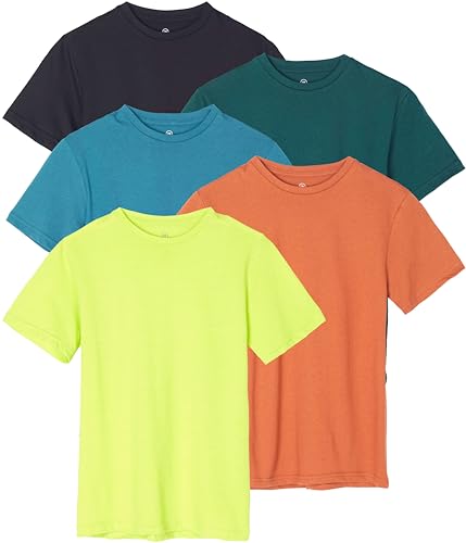 Real Essentials 5 Pack: Boys’ Cotton Short Sleeve Crew Neck T-Shirts – Casual, Athletic Outdoor Shirts for Teens (Ages 4-18)