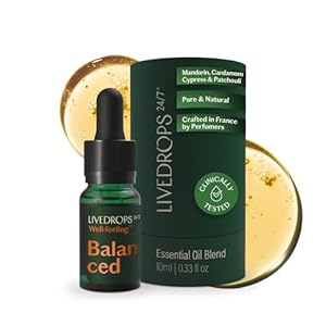 LIVEDROPS 24/7 Balanced Essential Oil Blend. Crafted in France Mandarin, Cardamon & Patchouli Pure & Natural Aromatherapy Skin Safe & Diffuser Compatible Clinically Tested
