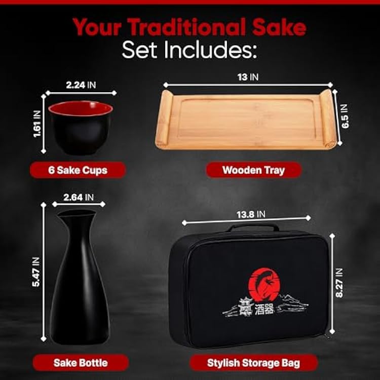 9 Piece Japanese Sake Set With 6 Cups, Bamboo Tray, Carafe & Accessories - Traditional Style