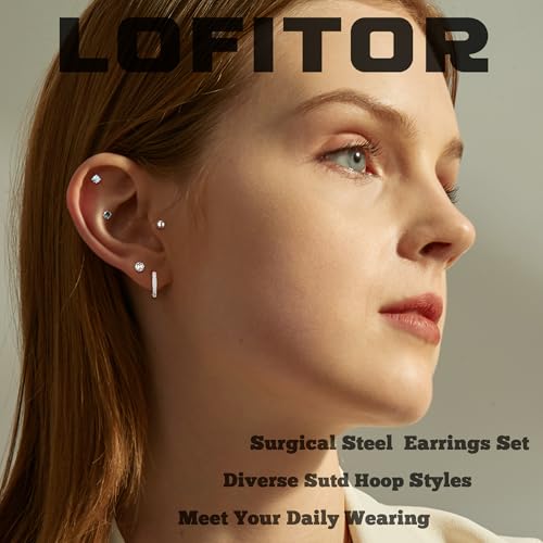 16 Pairs Surgical Steel Flat Back Earrings Set for Multiple Piercing Sensitive Ears Cartilage Hypoallergenic Earrings Small Huggie Hoop Earrings CZ Ball Stainless Steel Stud Earrings for Women Men2