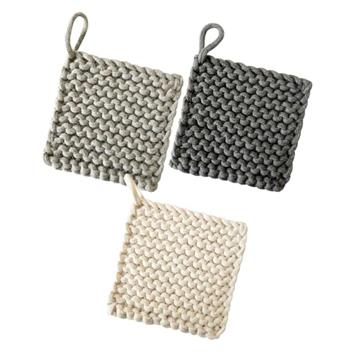 BESPORTBLE Agarraderas Cuadradas Tejidas a Mano de Algodón 19x19 Cm, 3 Piezas (Beige, Gris Oscuro, Gris Claro), Resistentes al Calor, Antideslizantes y Decorativas para Cocina y Hornear