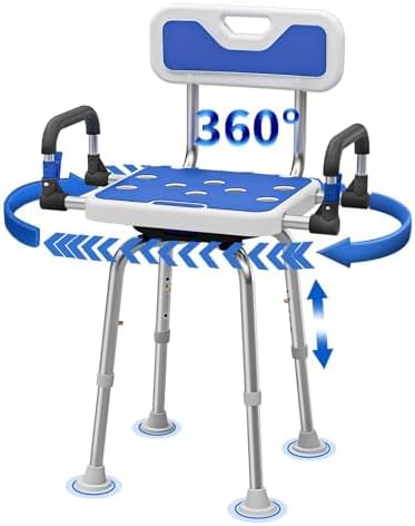 Adjustable Stool Swive Shower Chair for Seniors Elderly Disabled or Bariatric Adults with Arms and Back Bench Seat for Inside Shower Stall and Bathroom Bath Tub Seats Heavy Duty 500 lbs