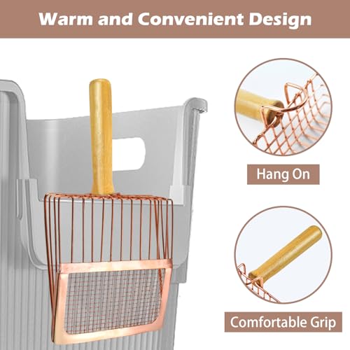 Image of Metal Kitty Litter Scoop,Fast Sifting Litter Scooper for Cats,Cat Poop Scooper with Wood Handle & Hook Rose Gold Solid Two Mesh Kitten Deep Shovel
