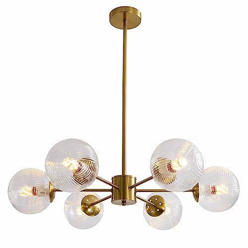 BOKT 6-Lights Modern Gold Globe Chandelier Brushed Brass Sputnik Chandelier Clear Glass Bubble Ball Chandelier Mid Century Flush Mount Pendant Lights Fixture Kitchen Island