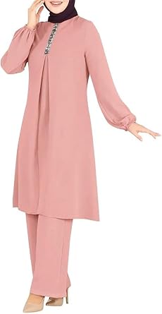 2 Pieces Womens Muslim Abaya Long Sleeve Button Shirt and Pants Dubai Islamic Outfits Hijab Ramadan Prayer Clothes