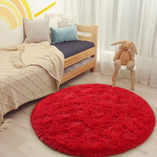 Chicrug Fluffy Cute Red Round Area Rugs For Girls Bedroom, 4X4 Feet Shaggy Circle Area Rug For Living Room, Soft Fuzzy Carpets For Princess Room, Cute Rug Kids Circular Playmats For Baby Nursery Home #TOP1