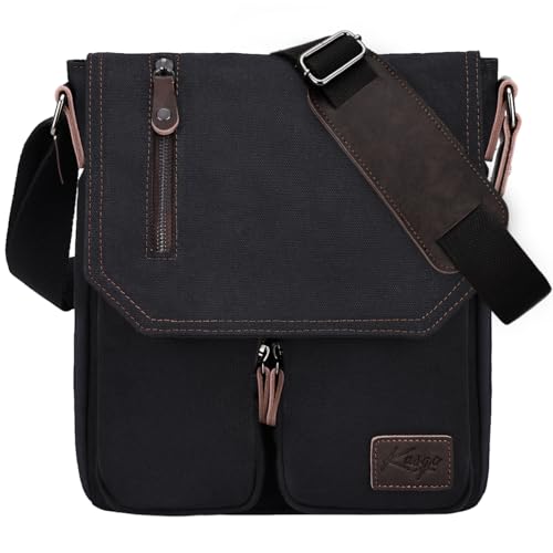Kasgo Sacoche Homme Bandoulière, Léger Multi-poches Sac Bandoulière Homme en Toile Vintage 11 Pouces Besace Pochette Porté Epaule pour Travail Voyage Affaires Scolaire (Noir)