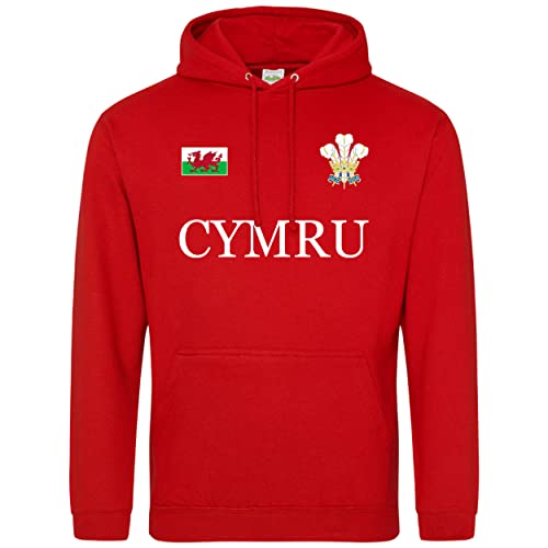 Cymru Flag Badge Hoodie Unisex Prince of Wales Feathers Men Women Rugby Hoody, L, Red