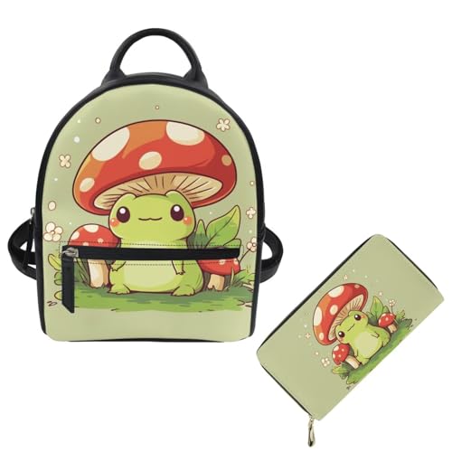 Showudesigns Mushroom Frog Backpack Purse Set for Women Mini Backpack Leather Small Backpacks Wallets Cute Shoulder Bag for School Travel Mini Casual Daypack Flower Handbags Coin Purse 2 Pack