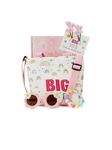 Big Sister Gift Set for Girls - Canvas Tote Bag, Bracelet, Sunglasses, Butterfly Hair Clips - Road Trip & Family Travel Essentials - Sibling Announcement - 4PCS