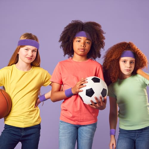 Image of Bememo 36 Pcs Neon Sweatbands Set for Kids 12 Headbands 24 Wristbands Bulk Sports Sweat Bands Athletic for Children Basketball Tennis Running Gym Student Gifts Glow Party