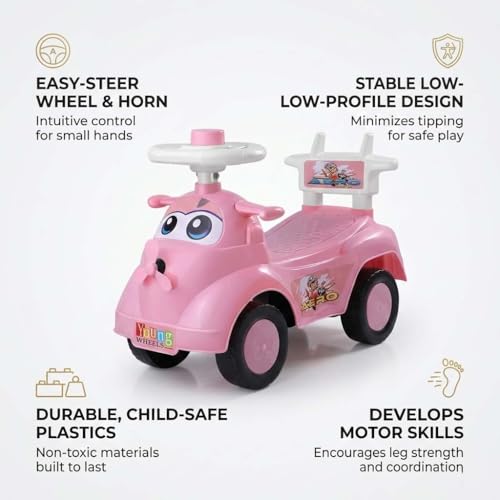 Image of Kids Ride On Pink Car for Toddlers with Steering Wheel & Backrest | Foot to Floor Baby Push Car | Indoor Outdoor | Strong Wheels & Comfortable Seat | Racing Design for Boys & Girls (1-3 Years)
