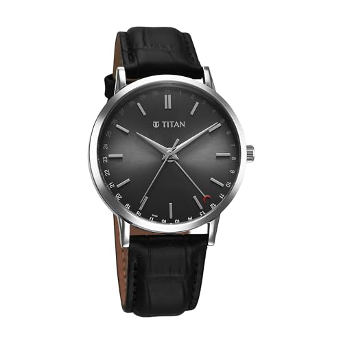 Image of Titan Elegance Analog with Date by Hand and Dark Grey Dial Black Leather Strap Watch for Men - 90202SL02