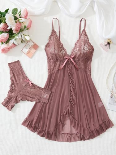 Image of Foxiny Sexy Ruffle Sheer Mesh Lace Wireless Babydoll Lingerie Dress with Thong 2 Piece