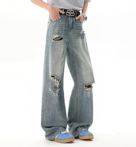 Men's Straight Jeans Vintage Distressed Casual Wide-Leg Ripped Denim Trousers with Pockets4