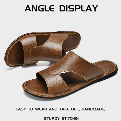 Image of Men's Leather Cutout Slides Sandals Comfortable Lightweight Open Toe Anti-Slip Soft Bottom Slip On Slippers Summer Outdoor Casual Beach Sandals