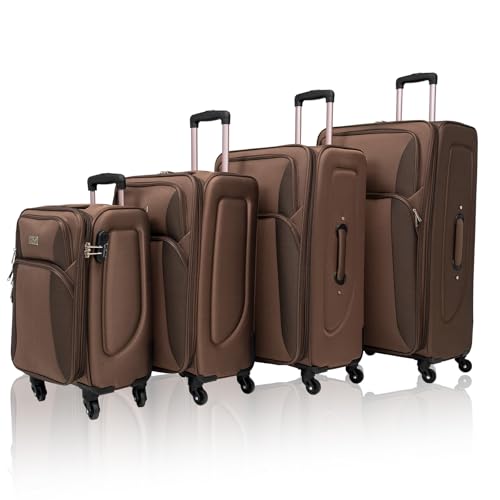 4-Piece Expandable Softshell Luggage Set - Lightweight Softside Suitcases,Smart Interior Organization, 25% Extra Space, Water-Resistant 600D Oxford PVC, Quick-Access Exterior Pockets (Brown)