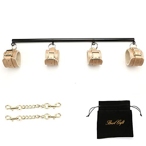 EXREIZST Adjustable 3 in 1 Spreader Bar Set with 4 Soft Fur Leather Straps 2 Chains Expandable Fitness Sports Exercise Training Tool Kit, Black and Gold