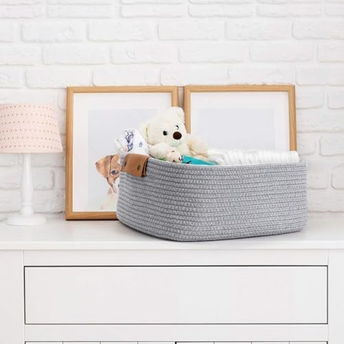 Image of ☆LBY Rectangle Cotton Rope Woven Basket with Handles for Books, Magazines, Toys - Ideal Gift Decorative Basket for Baby Nursery, Living Room (grey, large 14.5 x 13 x 6 inch)