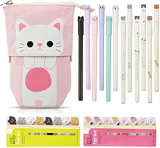 hocadon Canvas Cat Telescopic Pouch Bag with 6pcs Cute Cat Pens Black Ink 0.5 mm, 6pcs Cute Cat Pens 0.38 mm, 320pcs Cat Notes Page Flags Index Tabs, Cute Cat Stationery Set 15 Pieces