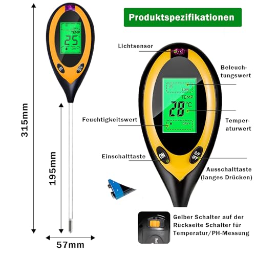 RUTIDA Bodentester, Boden-pH-Messer 4-in-1 Bodentest Messgerät für Feuchtigkeit/Temperatur/pH/Licht, Boden-Feuchtigkeitsmessgerät für Pflanzenerde, Garten, Bauernhof, Rasen