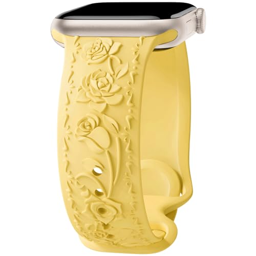 Floral Engraved Band Compatible with Apple Watch Band 40mm 41mm 38mm 42mm 44mm 45mm 46mm 49mm Women, Soft Silicone Embossed Flower Strap for iWatch Band Series SE Ultra 12 11 10 9 8 7 6 5 4 Yellow 38